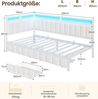 MSMASK Daybett mit LED-Beleuchtung & USB-Ladeanschlüssen, L-förmiges Schlafsofa, Kinderbett Jugendbett mit 2 Schubladen, 90x200 cm