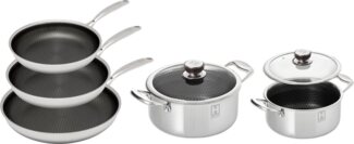 HENSSLERS Pfannen-Set, Edelstahl (Set, 7-tlg, je 1 Pfanne Ø 20/24/28 cm, je 1 Kochtopf Ø 20/24 cm), 3-Schicht Material, Wabenstruktur und Antihaftbeschichtung, Induktion