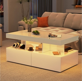 PXloue Couchtisch LED-Couchtisch mit Stauraum und modernem Design (Hochglänzender), Praktischer Tisch mit Schubladen und integrierter Beleuchtung