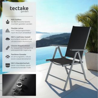 tectake® Aluminium Gartenstuhl 6er Set, Klappstuhl mit 7-facher Neigungsverstellung und hoher Rückenlehne, Gartenmöbel Set mit 6 Stühlen, klappbar, ideal für Garten, Terrasse und Balkon - anthrazit