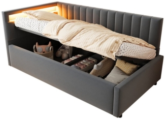 OKWISH Schlafsofa Polsterbett Stauraumbett, Kinderbett mit LED-Umgebungslicht, mit hydraulischem Stauraum & verstellbarem Kopfteil, Samtstoff, für Wohnzimmer, Gästezimmer & kleine Räume, Lattenrost inkl, mit Matratze