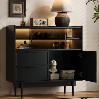 Flieks Sideboard mit 2 Schubladen und 2 Glasschiebetüren (1 St, B80/T35/H80 cm), Kommode mit LED-Beleuchtung Wohnzimmerschrank Schwarz, Metallbeine