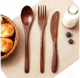 MODFU Besteck-Set 3-teiliges Holzbesteck Set Essbesteck Tischbesteck Besteckgarnitur (3-tlg), 1 Personen, Holz, Besteckset aus Naturholz für Alltag Küche Camping Reisen Picknick