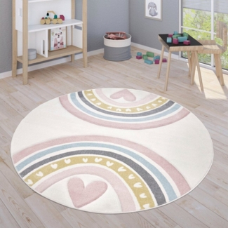 Paco Home Kinderteppich Cosmos 351, rund, Höhe: 16 mm, Kurzflor, Spielteppich, Motiv Regenbogen & Herz, Kinderzimmer