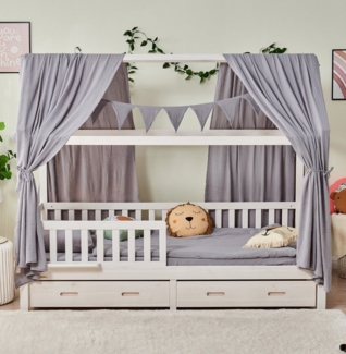 Alavya Home® Hausbett BUCHE CLOUD I KOMPLETT SET mit Musselin DEKO (Kinderbett 90x200 cm mit Schubladen I KOMPLETT Set - inkl. 100% Bio-Musselin Baumwolle Deko und Matratze I GOTS zertifiziert, Massivholzbett mit Rausfallschutz und Lattenrost I Jugendb...