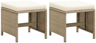 Gartenhocker 2er Set, Fußhocker mit Sitzkissen Poly Rattan Beige