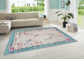 Kurzflor Teppich Orientalisch Gloriosa Creme Türkis - 80x150x0,7cm