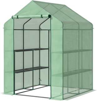 Outsunny Foliengewächshaus begehbares Gewächshaus mit 8 Regalebenen Tomatengewächshaus Treibhaus Frühbeet mit Tür Grün Stahl PE-Kunststoff 143 x 138 x 190 cm