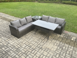 Fimous Rattan Gartenmöbel-Set mit Langer rechteckiger Esstisch 4 Stücke Outdoor Garten Sofa Set Dunkelgrau gemischt