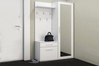Beautysofa Kompaktgarderobe mit Schublade und Kleiderstange Fiora (Garderobenschrank + Paneel + Schuhschrank, 3-St, Garderoben-Set, 5 Kleiderhaken) inkl. Spiegel, mit Kleiderbügeln