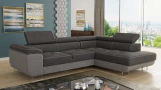 Ecksofa Caris mit Schlaffunktion, Bettkasten und einstellbare Kopfstützen (Grau + Dunkelgrau (Sawana 21 + Sawana 05), Ecksofa Rechts)