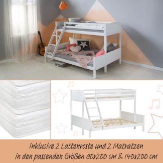 Kinderbett Etagenbett 90x200 und 140x200 Jugendbett Hochbett Weiß Holz inklusive Matratzen