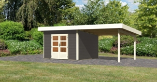 Gartenhaus Northeim 3 - 309x309 cm plus Anbaudach 3,30 m, 38 mm Holz terragrau, Karibu