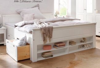 Home affaire Massivholzbett Tessin, Stauraumbett, Landhausstil, Schubladen optional, rustikal (Breite/Belastbarkeit 180cm/220 KG, 140cm/180 KG), zertifizierte Kiefer, Kassetten-Optik, stabile Qualität