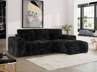 Ecksofa mit Schlaffunktion und Bettkasten, L-form Couch, lose Kissen, Polstersofa - MONIVA - Schwarz Plüsch - rechte Seite