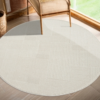 Teppich Rund Kurzflor Beige 200x200cm Geometrisch Gestreifte Muster mit Hoch-Tief-Effekt, 3D Effekt, Weich