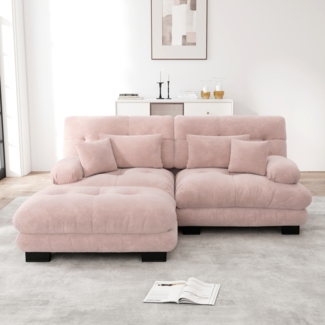 Ecksofa, Cloud Ecksofa für Wohnzimmer Chenille Doppelsofa mit 2 Lendenkissen und 2 Dekokissen Polstersofa mit breiten Armlehnen und Ottoman, Chenille, Rosa