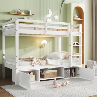 Kinder Etagenbett 2-in-1 mit Schuhregalen & Schließfächern, teilbar zu 2 Einzelbetten, weiß, Kinderzimmermöbel