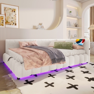 Daybett 140x200 cm, Schlafsofa mit hydraulischem Stauraum, LED-Lichtleiste, USB- und Typ-C-Anschluss,geometrisches Design,Weiß