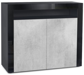 Vladon Kommode Valencia, Sideboard mit 2 Türen und 1 offenem Fach, Schwarz matt/Beton Oxid Optik/Schwarz Hochglanz (108 x 92 x 40 cm)