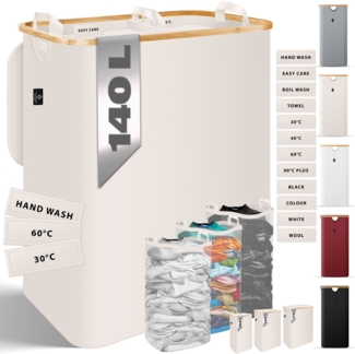 KESSER® Wäschekorb mit Deckel faltbar Wäschebox Wäschetruhe Wäschetonne | Wäschesammler mit herausnehmbaren Wäschesäcke | Laundry Baskets Wäschesortierter inkl. Waschhinweisen Beige, 140 L