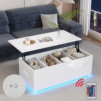 Merax weißer Couchtisch 100*50*35 cm Hochglanz-Couchtisch mit LED-Beleuchtung und verstecktem Stauraum - Beistelltisch mit hydraulischem Hub