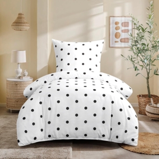 Bettwäsche Set 155x220 Weiß Polka Dot Muster Mikrofaser Reißverschluss