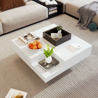 BlingBin Couchtisch Beistelltisch mit Abnehmbarer Aufbewahrungsbox, Mit LED-Lichteffekt (1er Set, 1-St, 72*72*30 cm, Produktladung: 30KG), Hochglanz-Wohnzimmertisch, Farbblockweiß und Schwarz