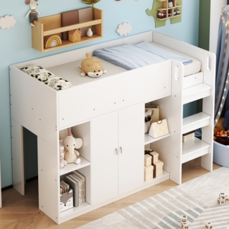 Multifunktionales Hochbett, Kinderbett mit Leiter, Schrank und Regalen, stabile Konstruktion, Weiß, 90x200 cm
