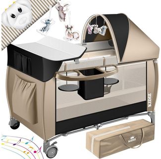 KIDIZ® Babybett Reisebett Kinderreisebett Faltbar mit Matratze 120x60, Seiteneingang, Wickelauflage, Mosktionetz, Spielbogen & Tragetasche Baby Beistellbett Kinderbett ab Geburt bis 15 kg Schwarz / Beige
