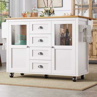 Kücheninsel 137,9x73x92,5 cm, Kücheninsel mit Klapptisch, 4 Schubladen, Rollen, weiß
