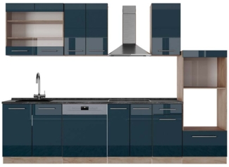 Küchenzeile Fame-Line Dunkelblau Hochglanz/Goldkraft Eiche 300 cm mit Hochschrank, AP Anthrazit Vicco