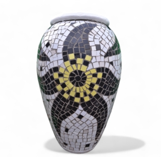 Pflanzgefäß "La Flora" Geschwungene Mosaikdesign Gelb – Höhe 85 cm – Ø 40 cm – Handgefertigt aus Beton & Keramik-Mosaik