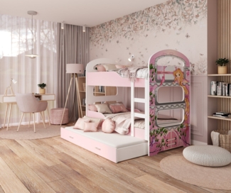 AJKmeble Hochbett 80x160cm und 80x190cm in 4 Farben Bus Prinzessin Rakete Pirat (MADE IN EU - mit Ausiehbett für 3 Kinder, Jungen und Mädchen, Etagenbett Stockbett in vielen Designs und 2 Größen) aus Kiefernholz + Optional mit Matratzen