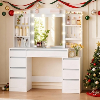 Schminktisch mit 8 Schubladen, Schminktisch mit Großer Spiegel mit RGB-LED-Beleuchtung, Integrierte Schmuckablage, 100 cm breite Arbeitsplatte mit Nachttisch, Weiße