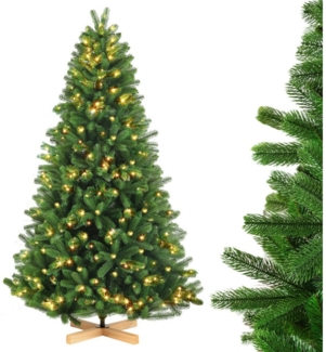 WHEELYOU Künstlicher Weihnachtsbaum 180 cm – Weihnachtsbaum mit Beleuchtung & Holzfuß, Nordmanntanne, 180cm hoch, 1200 Zweige, 60 % PE, 130cm Durchmesser