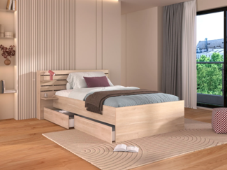 Vente-unique - Bett mit Stauraum - 120 x 190 cm - 4 Schubladen - Natur + Lattenrost - TENALIA