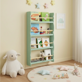 Bellabino 'Tista' Wandregal für Kinder, grün, 100x60x15 cm, Holz, Kinderbücherregal mit 4 Ablagen