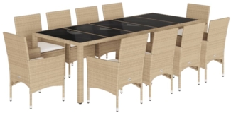vidaXL 11-tlg. Garten-Essgruppe mit Kissen Beige Poly Rattan und Glas 3278596