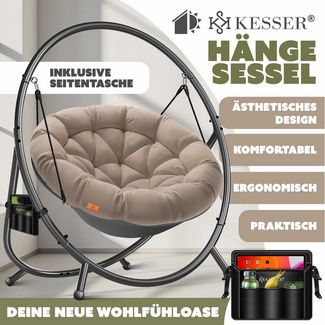 KESSER® Hängesessel mit Gestell BALI Hängeschaukel Hängestuhl bis 150kg für Indoor und Outdoor + Kissen & Seitentasche Hängekorb Stahlgestell & Schaumstoff Sitzpolster ideal für Wohnzimmer & Garten Taupe