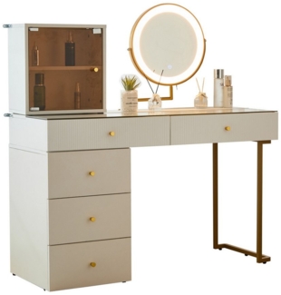 Refined Living Schminktisch Schminktisch-Set mit LED, Spiegel, Schublade (Maße: 120 x 45 x 115 cm(ohne Hocker),weiß elegante Möbel, Kommode, Make-up Tisch, 1-St, Frisiertisch mit 5 Schubladen, transparenter Tischplatte), Großzügiger Stauraum, Robust un...