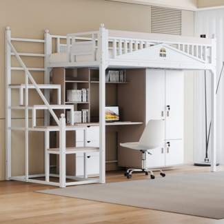 Flieks Hochbett Metallbett Kinderbett 90x200cm mit Treppe und Sicherheitszaun