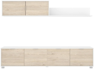Dmora Wohnzimmermöbel Winnie, Modulares Wohnzimmerset, Mehrzweck-Wohnzimmermöbel, Moderner TV-Schrank, 200x40 h43 cm, Weiß und Eiche