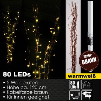 LED Lichterzweige 80 LED´s Dekozweige Leuchtzweige Rute 120 cm braun warmweiss