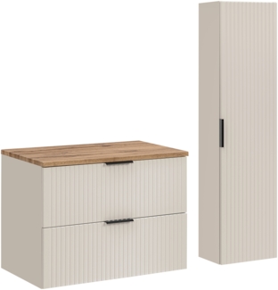 ADEL CASHMERE Badmöbel-Set 80 cm mit Waschtischplatte und Hochschrank (46x80cm), Kaschmir matt,Eiche Wotan