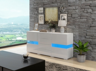 XDOVET Sideboard Hochglanz Weiß Kommode mit LED-Beleuchtung 2 Türen 4 Schubladen (Breite 140cm Schrank mit 2 Türen 4 Schubladen), Esszimmer Anrichte Küchenschrank Aufbewahrungsschrank