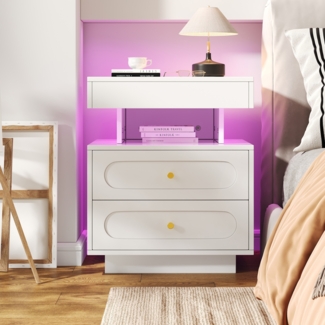 Nachttisch 50 x 40 x 60 cm mit LED-Beleuchtung und 2 Schubladen – eleganter Nachtschrank in Weiß