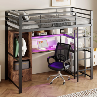 Hochbett mit Schreibtisch, Stauraum und LED-Beleuchtung, 90x200 cm, Metallbett mit Rausfallschutz, Jugendbett