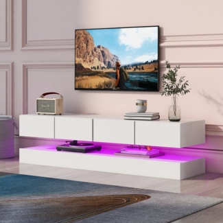MC Star TV-Schrank LED TV Lowboard,Wandmontierter,TV-Ständer, TV-Möbel mit 2 Schränken (und 4 großen Schubladen, 16-farbige LED-Beleuchtung Wandschrank für bis zu 55 Zoll Fernseher Weiß 130*33*15cm)