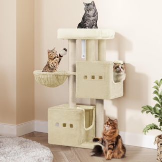 Kratzbaum, 98 cm Stabil Katzenbaum, Katzenkratzbaum mit Großer Liegefläche, Katzenhöhle, Sisalstämme, Korb, Plüschbälle, Katzenmöbel Spielbaum, Beige